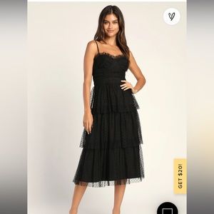 Lulus Sweetheart Style Black Polka Dot Bustier Midi Dress